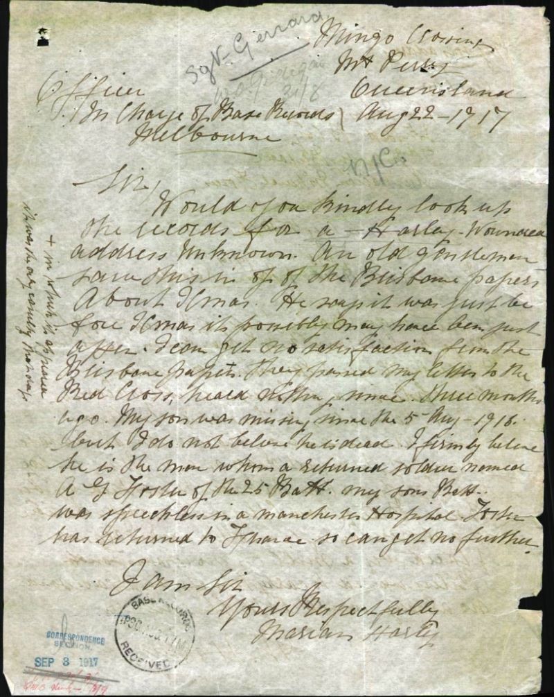 917, August 22. Letter from Mrs Marion Harley re her son John (reported missing).