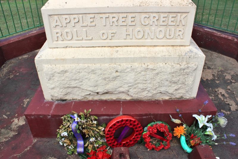 Wreaths laid at the base of the Apple Tree Creek War Memorial, Anzac Day 2017